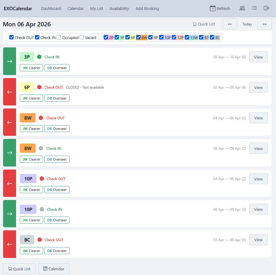 AirBnB Booking Calendar - Todays List